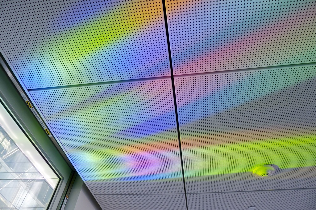 shifting colors in rainbow light art third floor ceiling detail