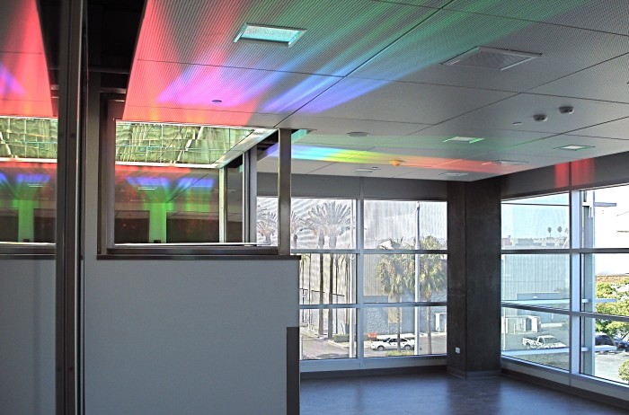 Officers Lounge, detail of rainbow light art colors on ceiling. Erskine Solar Art